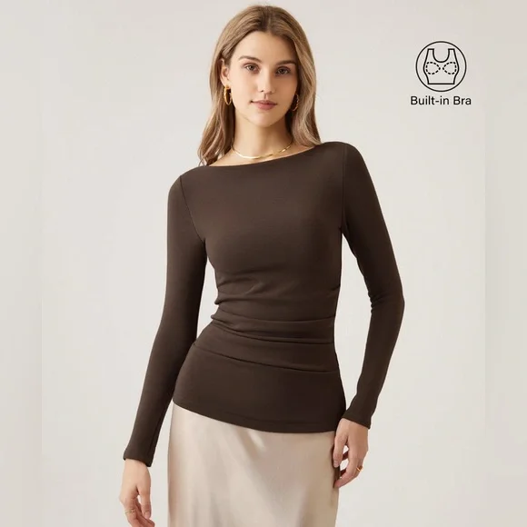 OGL Elegant Brown Long Sleeve Top Mid Thermal
Boatneck Tucks Brami Top 
SZ Small - Picture 2 of 9